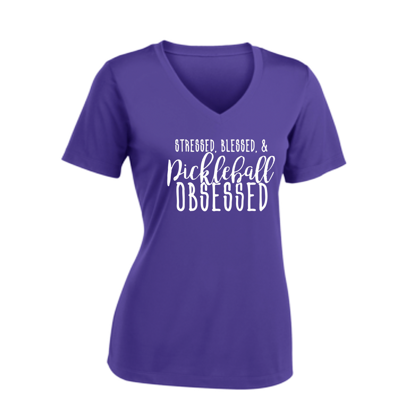 Stressed Blessed & Pickleball Obsessed | Women's Short Sleeve V-Neck Pickleball Shirts | 100% Polyester