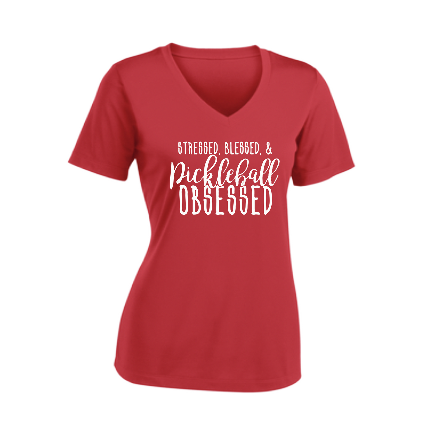 Stressed Blessed & Pickleball Obsessed | Women's Short Sleeve V-Neck Pickleball Shirts | 100% Polyester