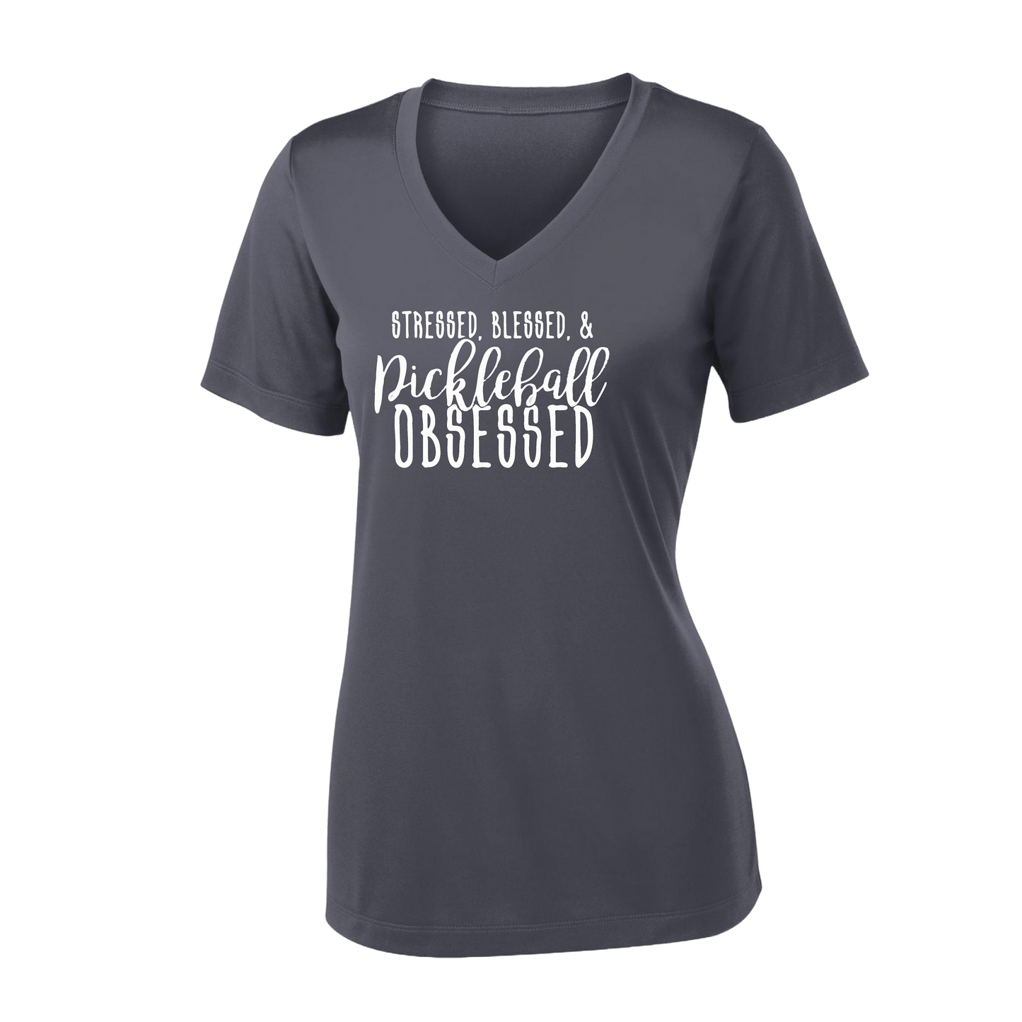 Stressed Blessed & Pickleball Obsessed | Women's Short Sleeve V-Neck Pickleball Shirts | 100% Polyester