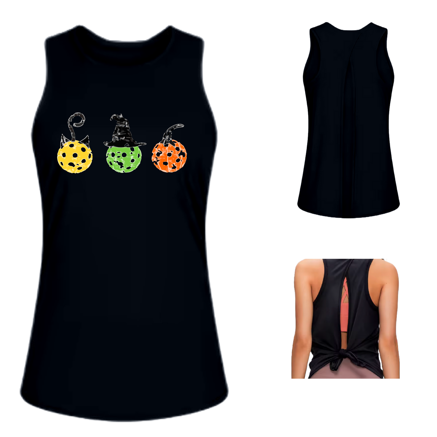 Cat Witch Pumpkin  | Women's Split Back or Tied Back Pickleball Tank | 80/20 Nylon Spandex Mix