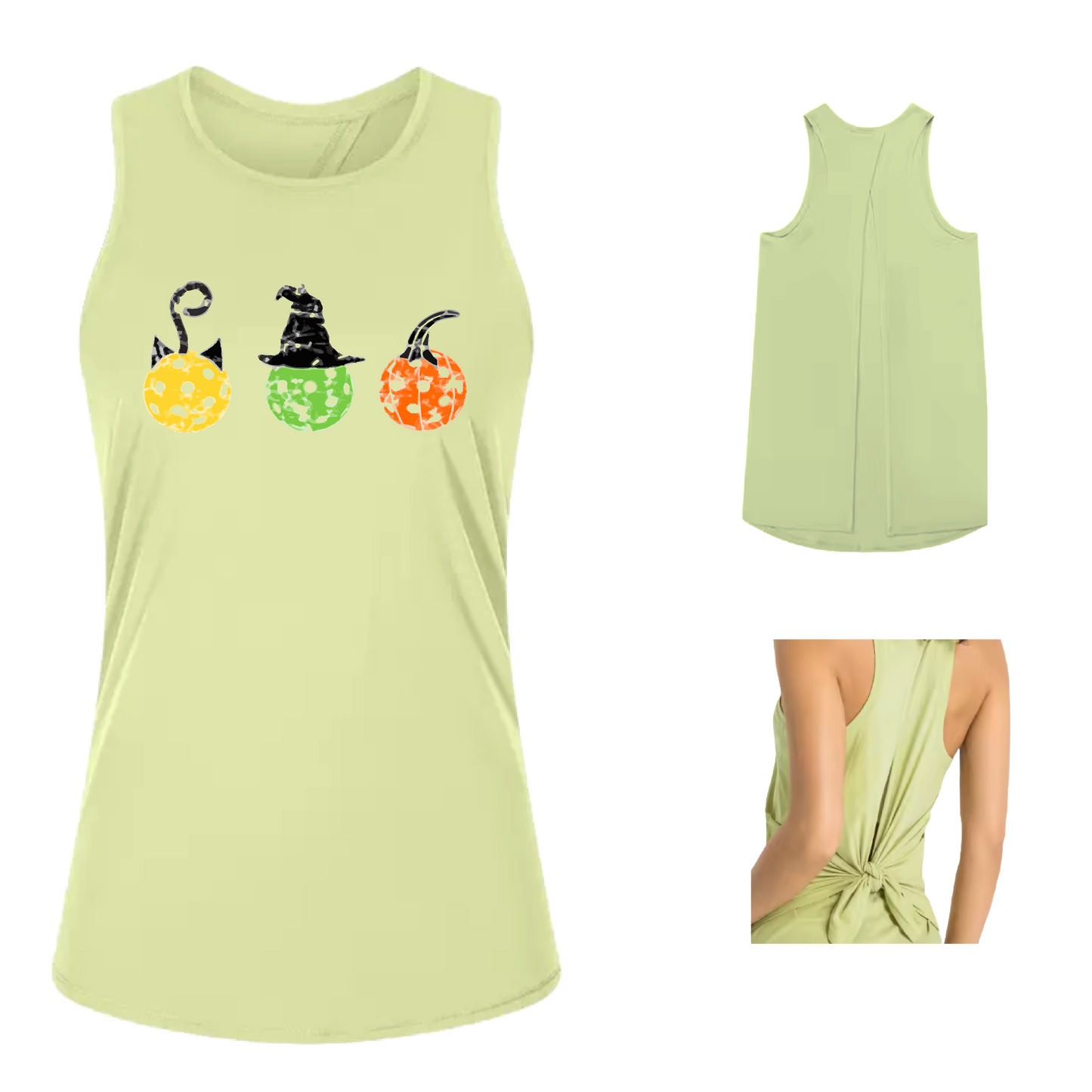 Cat Witch Pumpkin  | Women's Split Back or Tied Back Pickleball Tank | 80/20 Nylon Spandex Mix