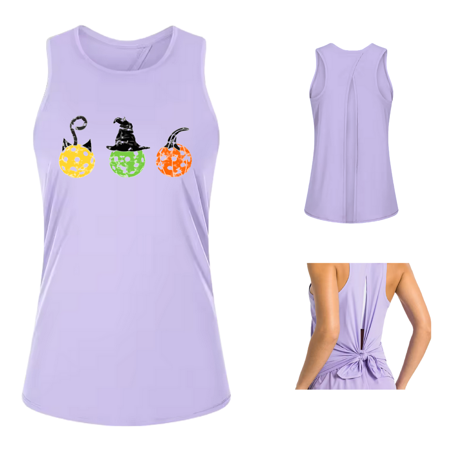 Cat Witch Pumpkin  | Women's Split Back or Tied Back Pickleball Tank | 80/20 Nylon Spandex Mix