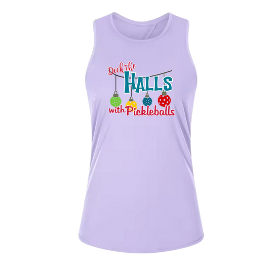 Deck the Halls with Pickleballs | Women's Split Back or Tied Back Pickleball Tank | 80/20 Nylon Spandex Mix