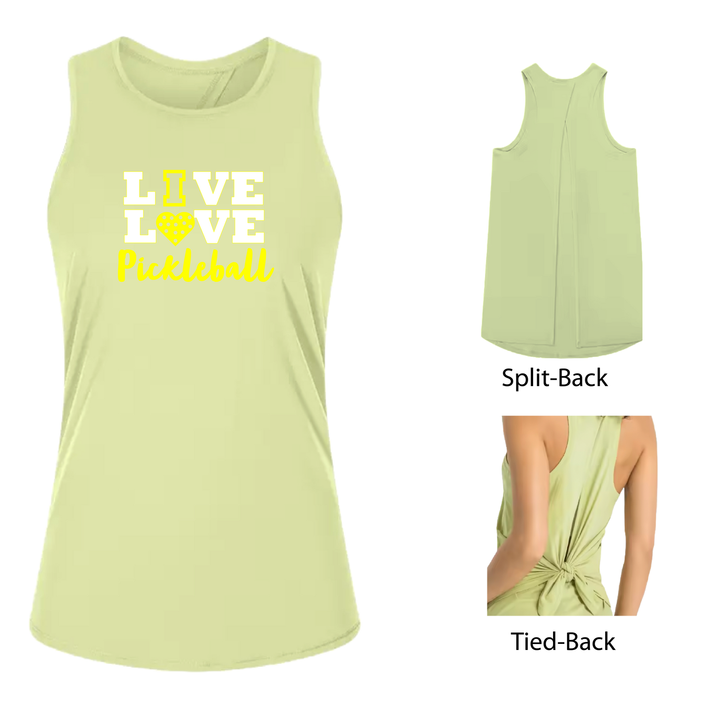 Live Love Pickleball | Women's Split Back or Tied Back Pickleball Tank | 80/20 Nylon Spandex Mix