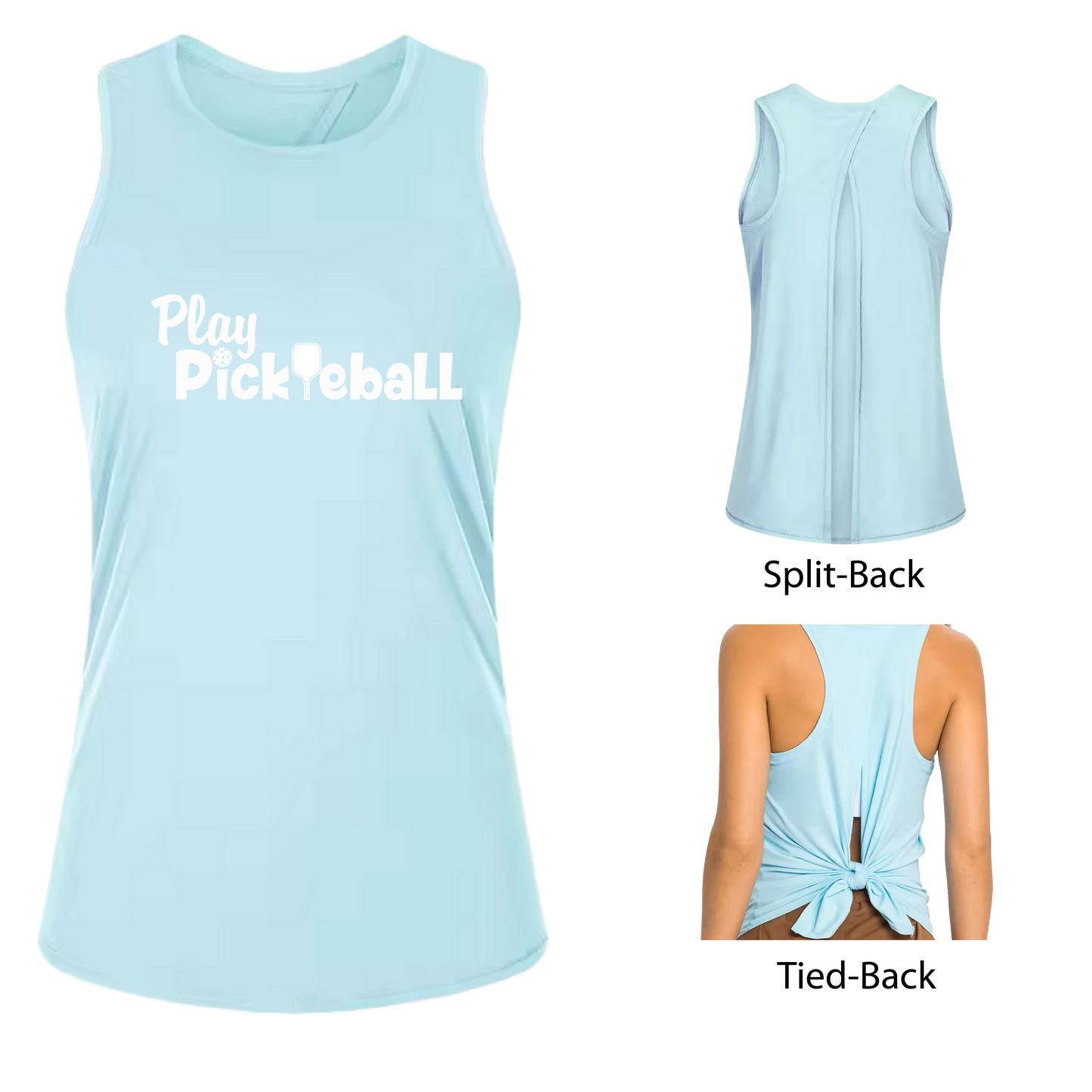 Play Pickleball | Women's Split Back or Tied Back Pickleball Tank | 80/20 Nylon Spandex Mix