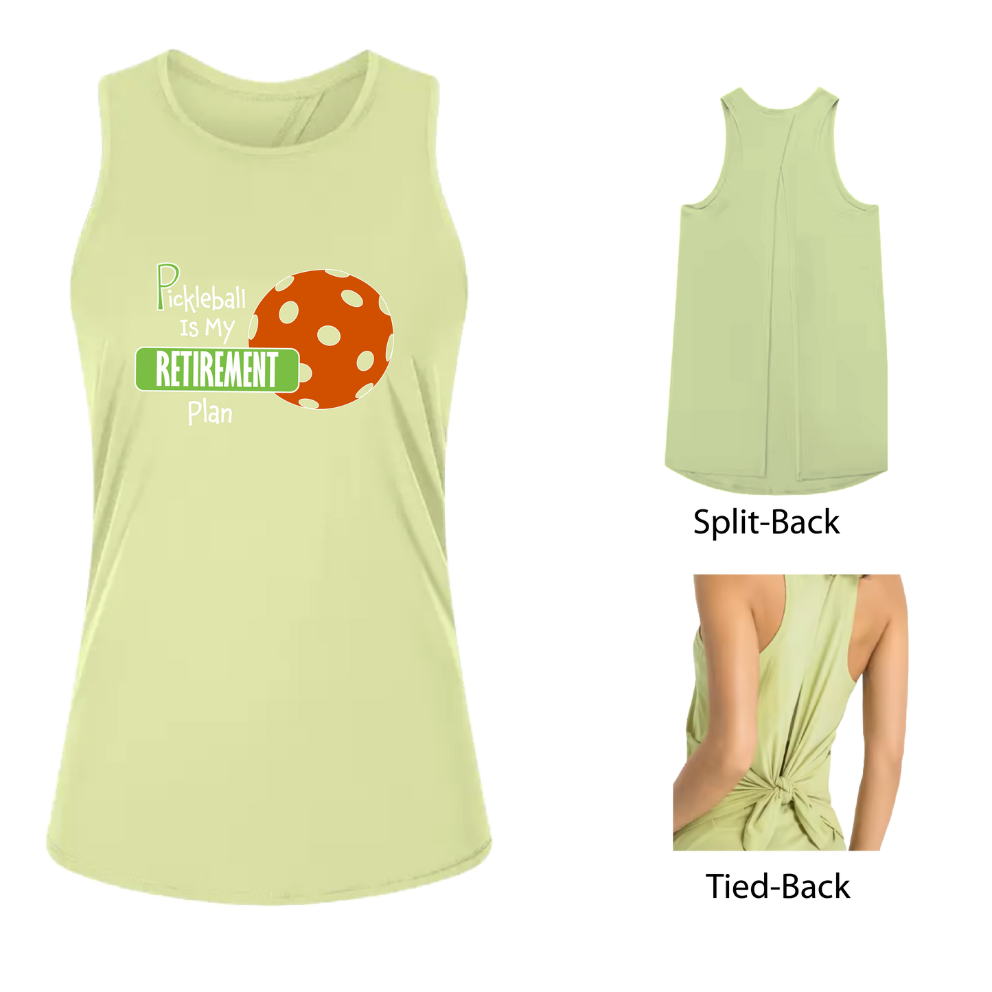 Pickleball Retirement Plan | Women's Split Back or Tied Back Pickleball Tank | 80/20 Nylon Spandex Mix