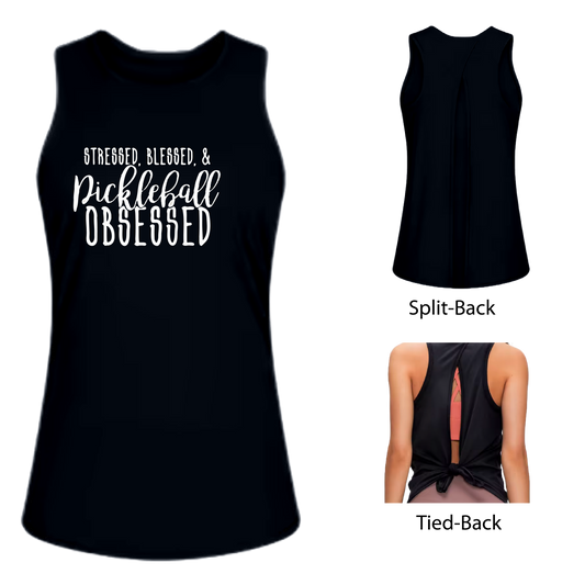 Stressed Blessed Pickleball Obsessed | Women's Split Back or Tied Back Pickleball Tank | 80/20 Nylon Spandex Mix