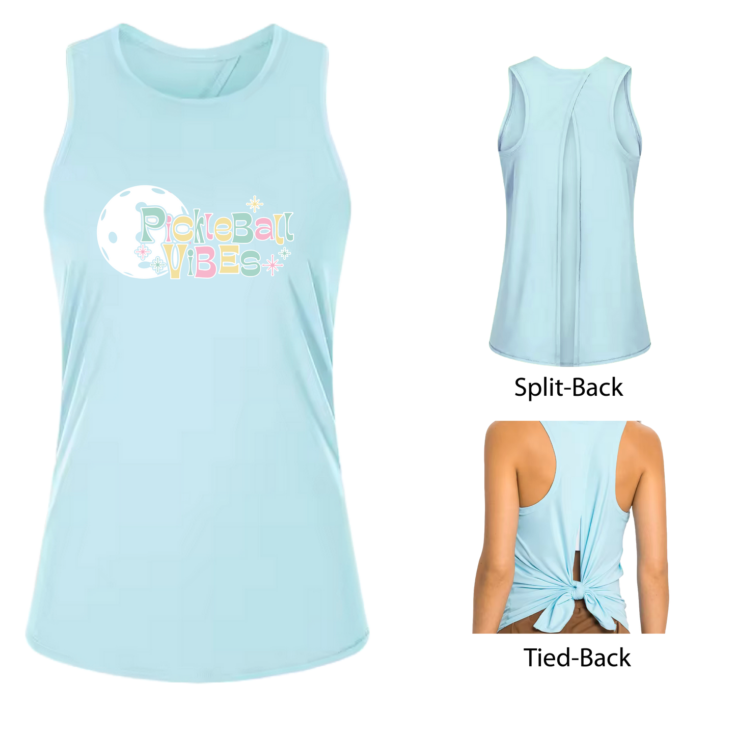 Pickleball Vibes | Women's Split Back or Tied Back Pickleball Tank | 80/20 Nylon Spandex Mix