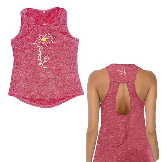 For women who want to look stylish while playing pickleball, this lightweight sleeveless tank with a teardrop back is perfect. The sheer fabric is perfect for layering over your favorite sports bra, fitted or cropped tank for a stylish and trendy look.  The tank is made of 100% polyester moisture-wicking fabric that draws moisture away from the body, ensuring that you stay dry and comfortable throughout the game.