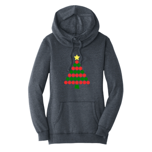 Christmas Tree | Women’s Cowl-Neck Hoodie Pickleball Sweatshirt | 55% Cotton 45% Poly Fleece