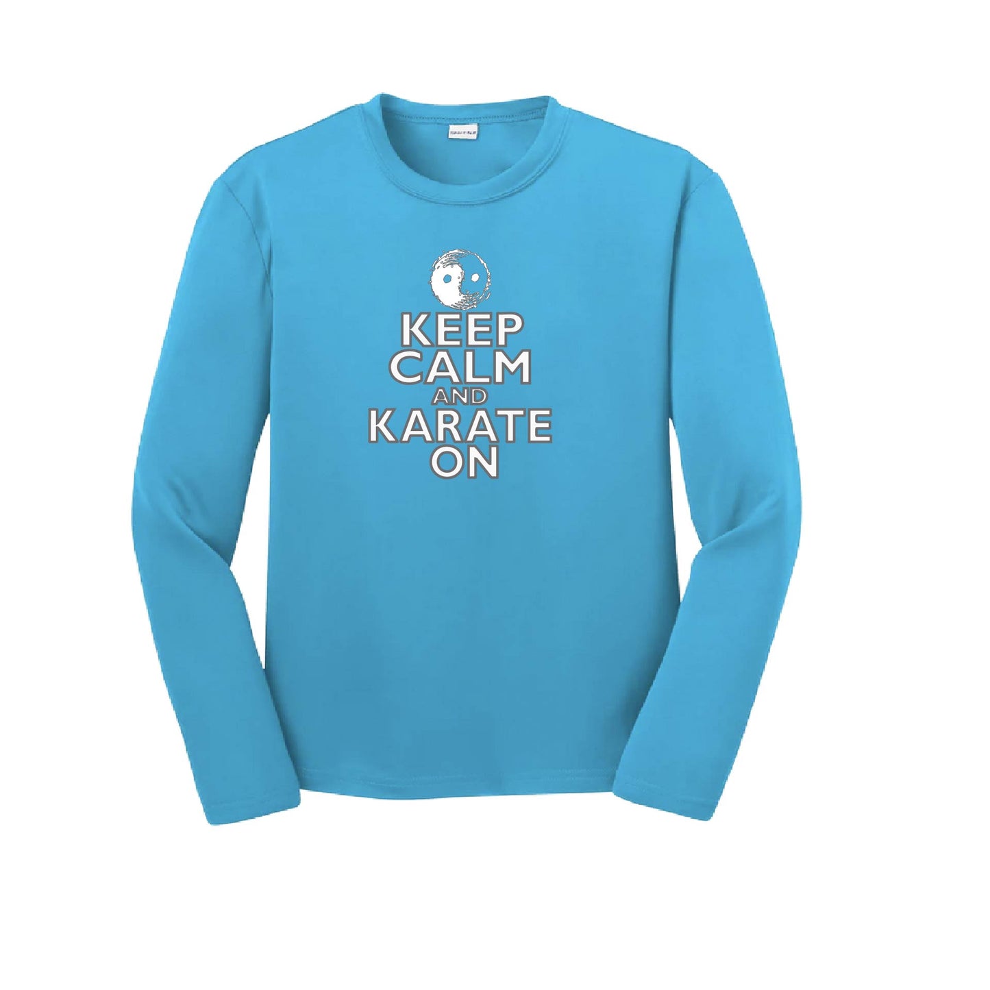 Keep Calm and Karate On (Grey Outlined) | Youth Long Sleeve Karate Performance T-Shirts | 100% Polyester