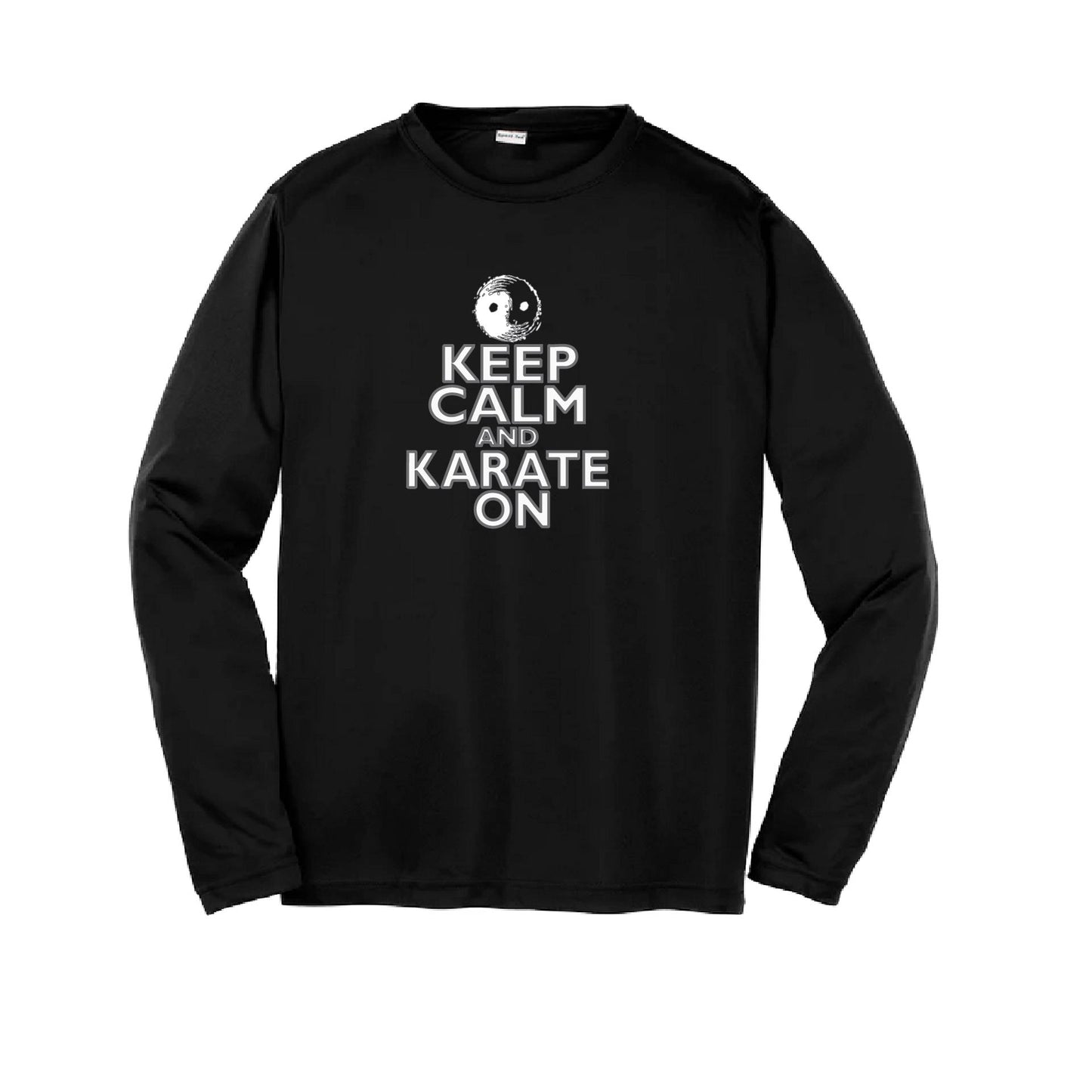 Keep Calm and Karate On (Grey Outlined) | Youth Long Sleeve Karate Performance T-Shirts | 100% Polyester