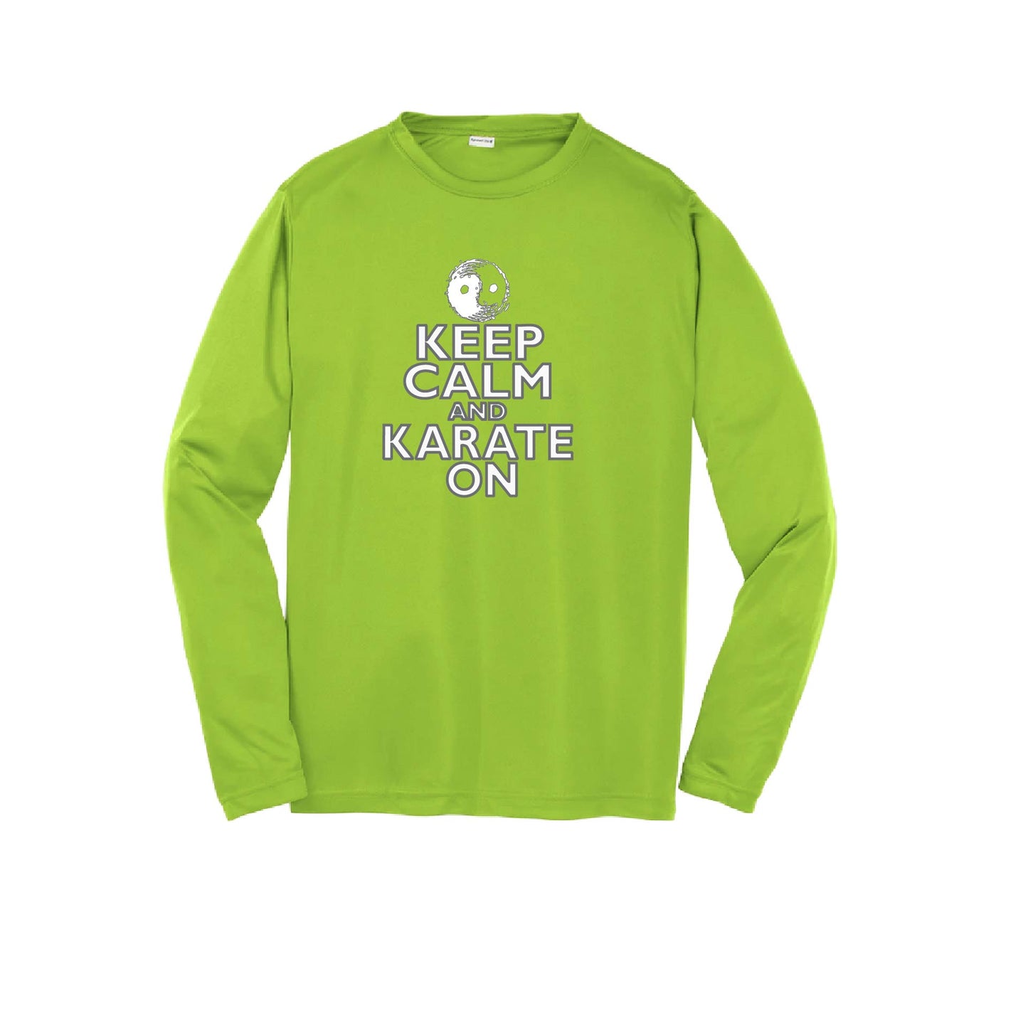 Keep Calm and Karate On (Grey Outlined) | Youth Long Sleeve Karate Performance T-Shirts | 100% Polyester