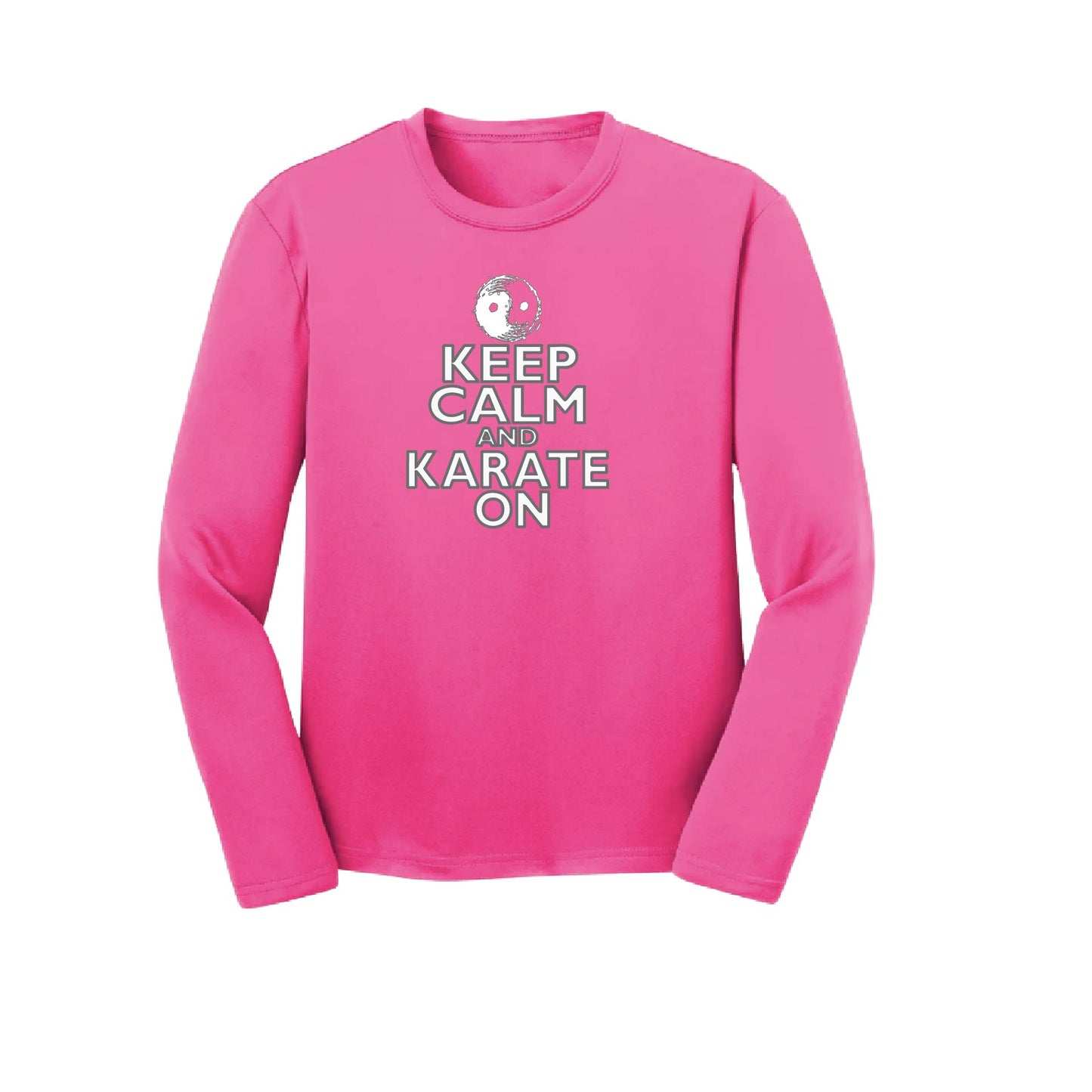 Keep Calm and Karate On (Grey Outlined) | Youth Long Sleeve Karate Performance T-Shirts | 100% Polyester