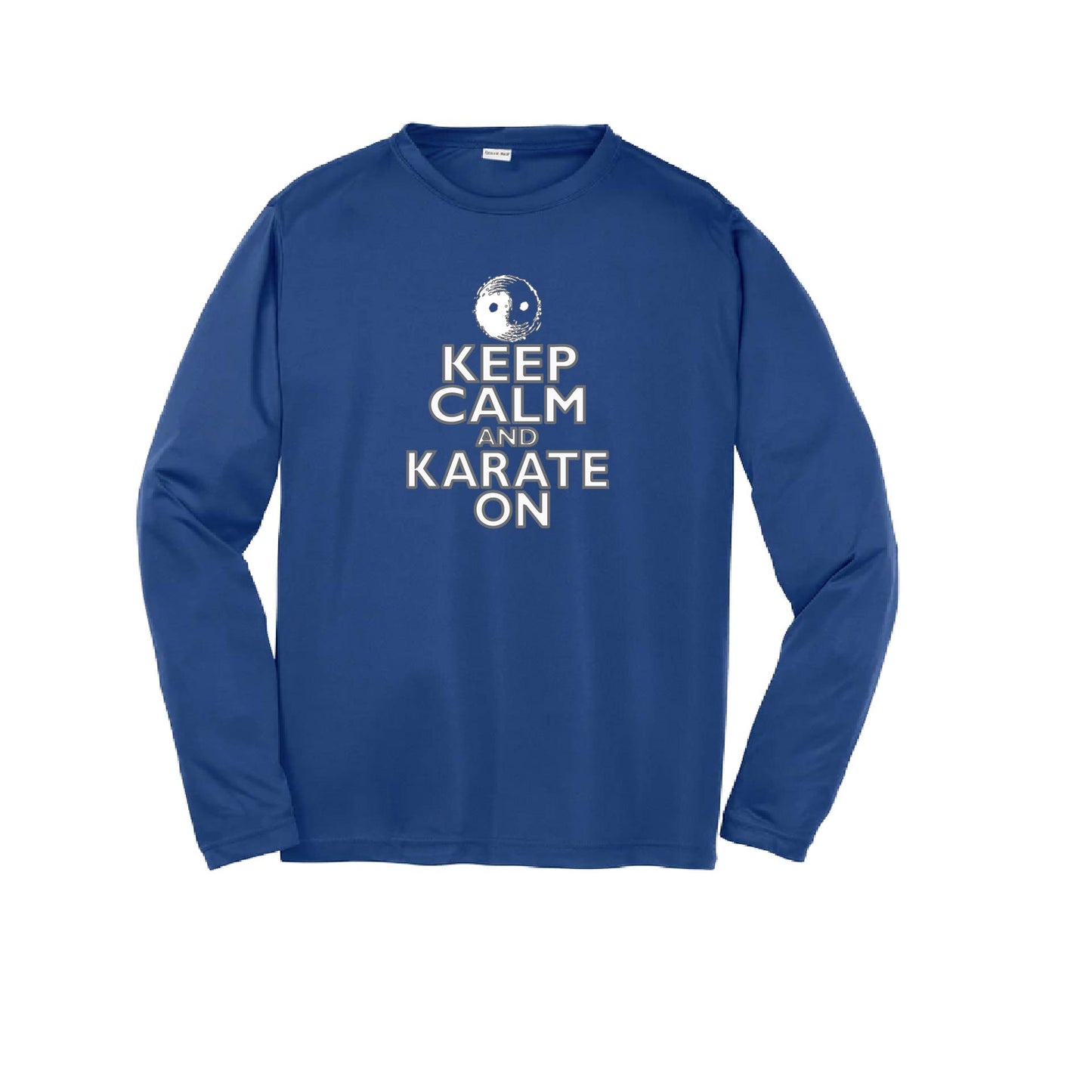 Keep Calm and Karate On (Grey Outlined) | Youth Long Sleeve Karate Performance T-Shirts | 100% Polyester