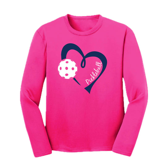 Pickleball Love (Navy) | Youth Long Sleeve Pickleball Performance T-Shirts | 100% Polyester