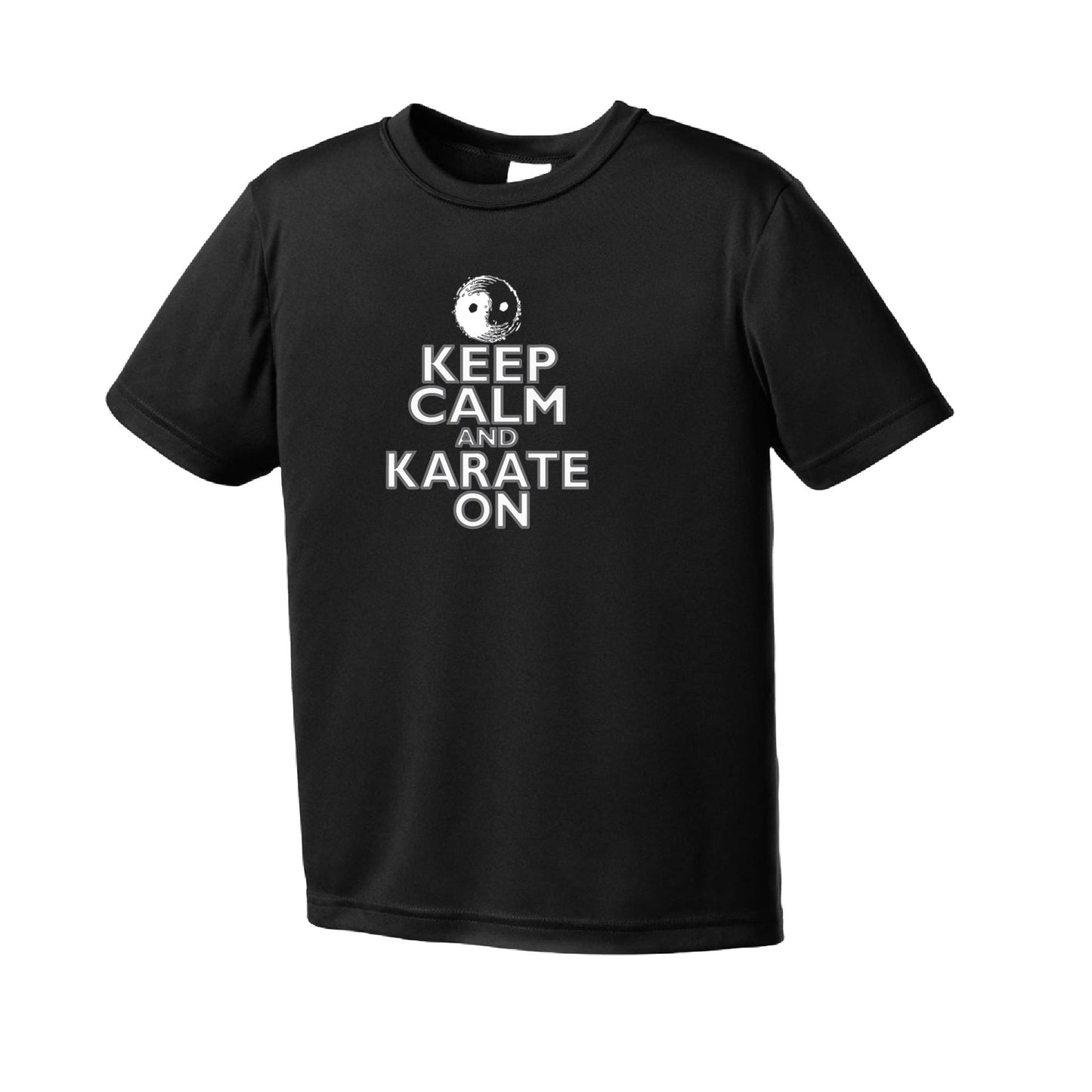 Keep Calm and Karate On (Grey Outlined) | Youth Short Sleeve Karate Performance T-Shirts | 100% Polyester