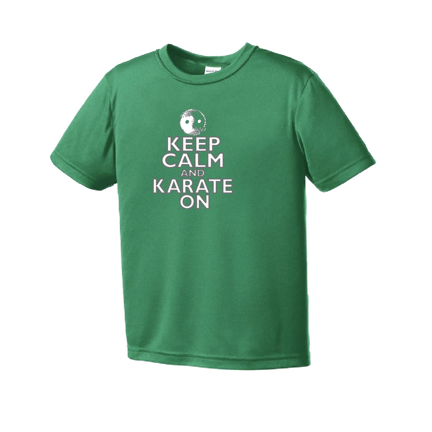Keep Calm and Karate On (Grey Outlined) | Youth Short Sleeve Karate Performance T-Shirts | 100% Polyester