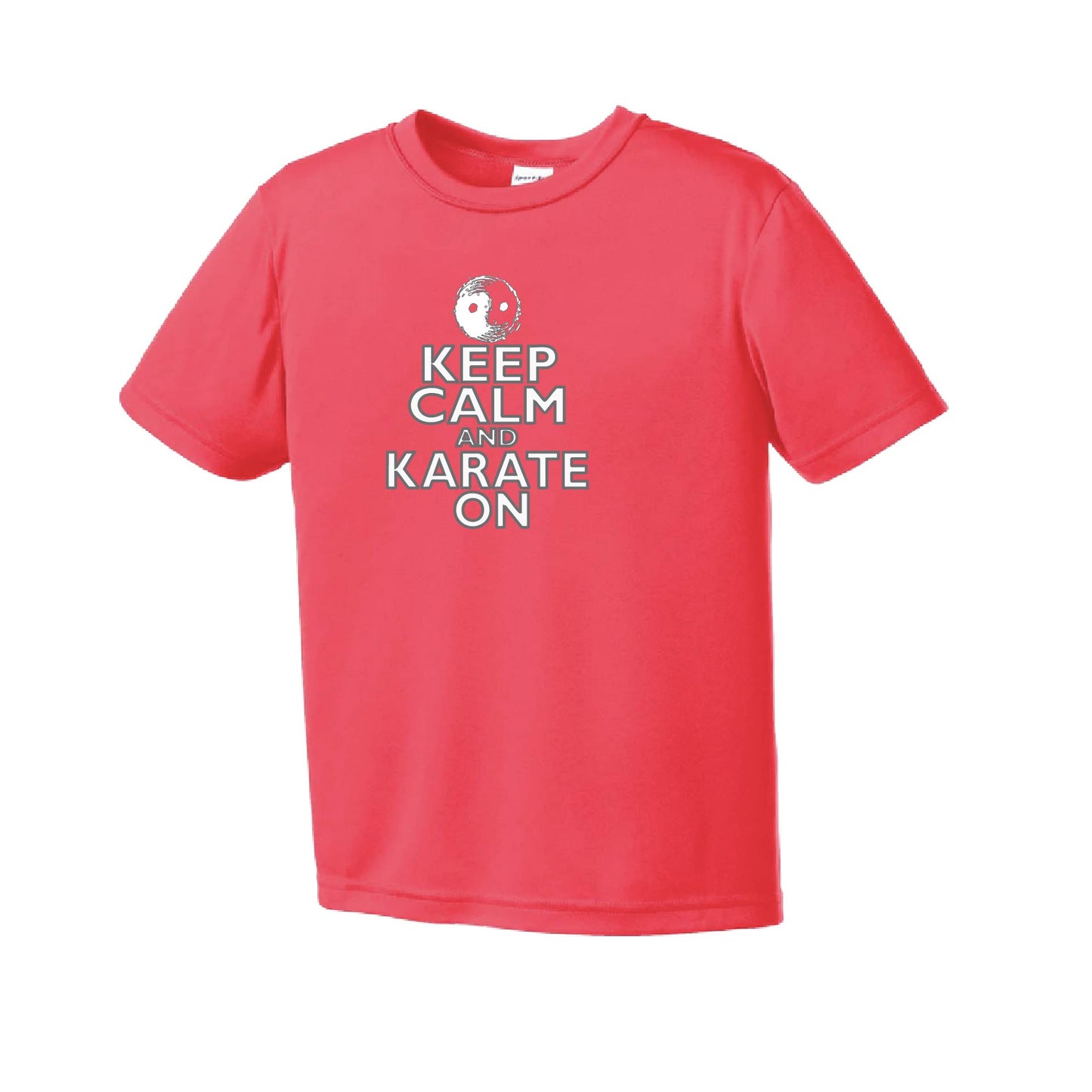 Keep Calm and Karate On (Grey Outlined) | Youth Short Sleeve Karate Performance T-Shirts | 100% Polyester