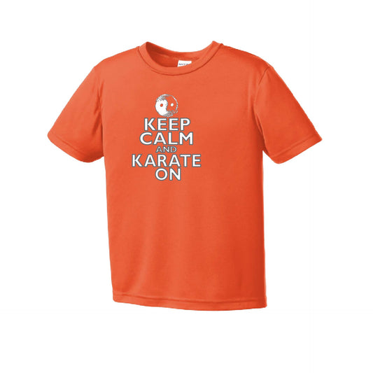 Keep Calm and Karate On (Grey Outlined) | Youth Short Sleeve Karate Performance T-Shirts | 100% Polyester