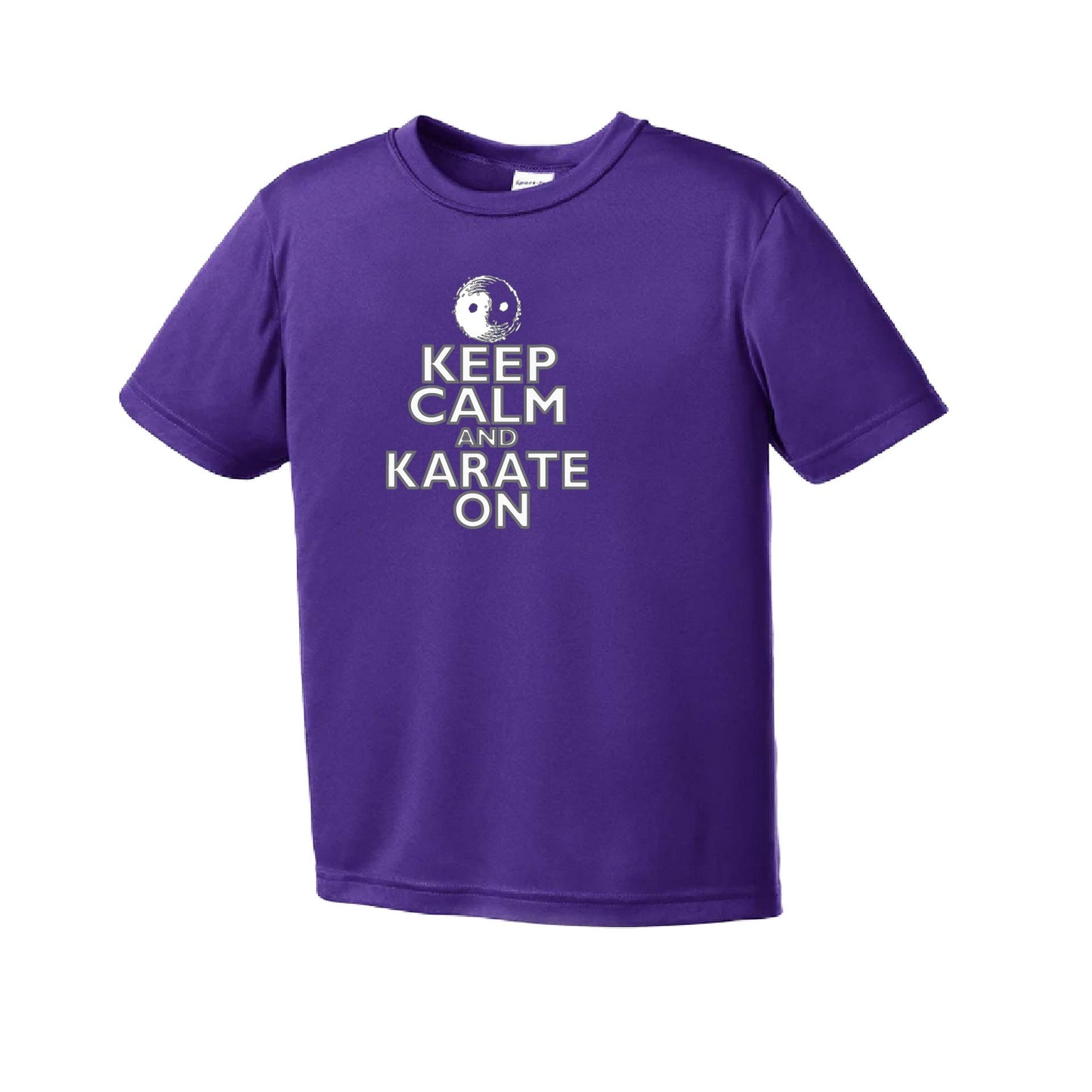 Keep Calm and Karate On (Grey Outlined) | Youth Short Sleeve Karate Performance T-Shirts | 100% Polyester
