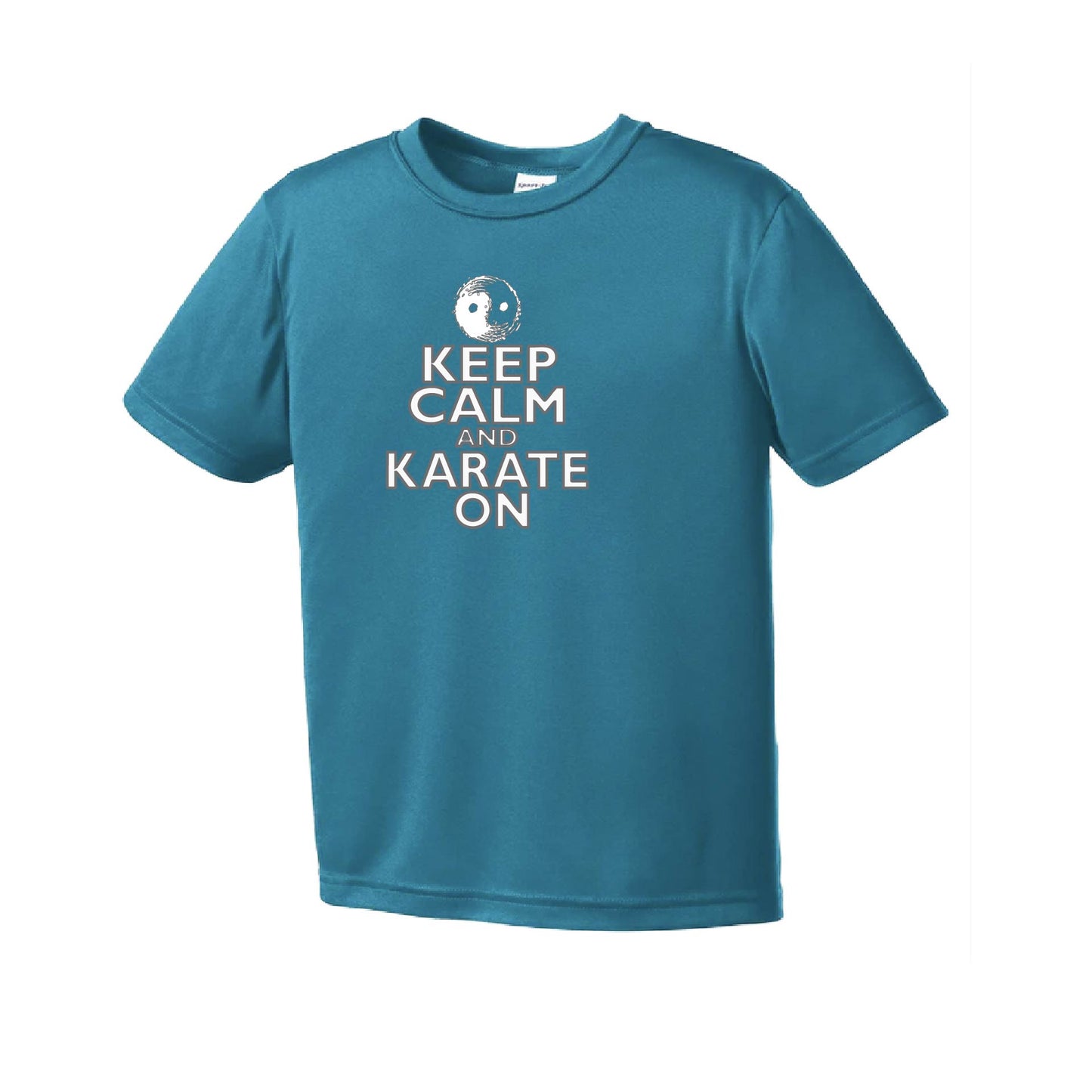 Keep Calm and Karate On (Grey Outlined) | Youth Short Sleeve Karate Performance T-Shirts | 100% Polyester