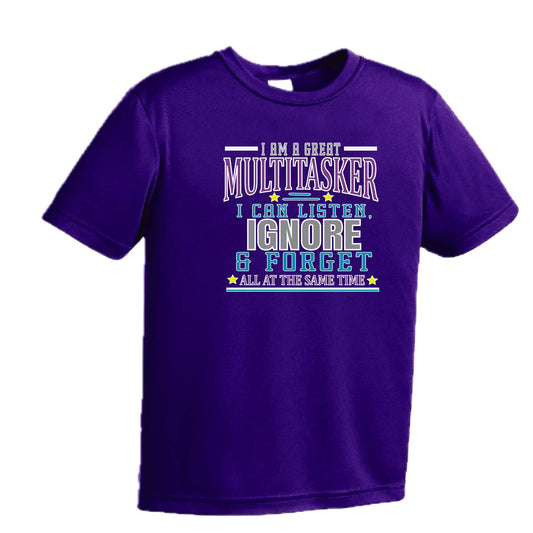 Multitasker - Listen Ignore Forget | Youth Short Sleeve Performance T-Shirts | 100% Polyester