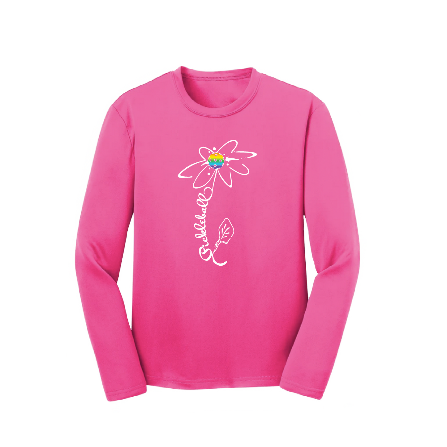 Pickleball Flower (Pink Purple Rainbow) | Youth Long Sleeve Pickleball Shirts | 100% Polyester