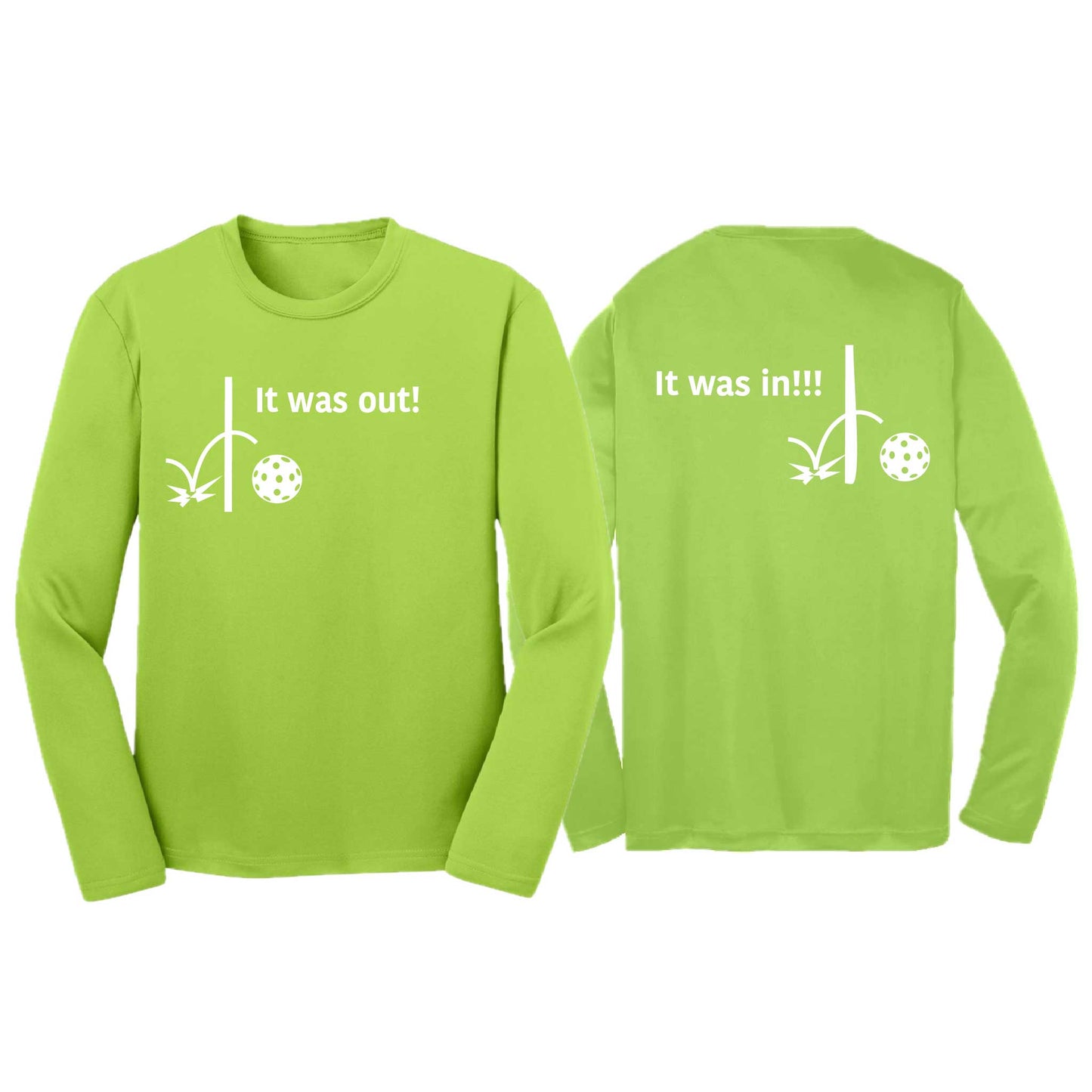 It Was Out! It Was In! (Pickleballs Red White Yellow) | Youth Long Sleeve Pickleball T-Shirts | 100% Polyester
