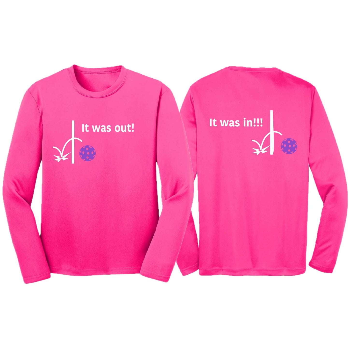 It Was Out! It Was In! (Pickleballs Pink Purple Rainbow) | Youth Long Sleeve Pickleball T-Shirts | 100% Polyester