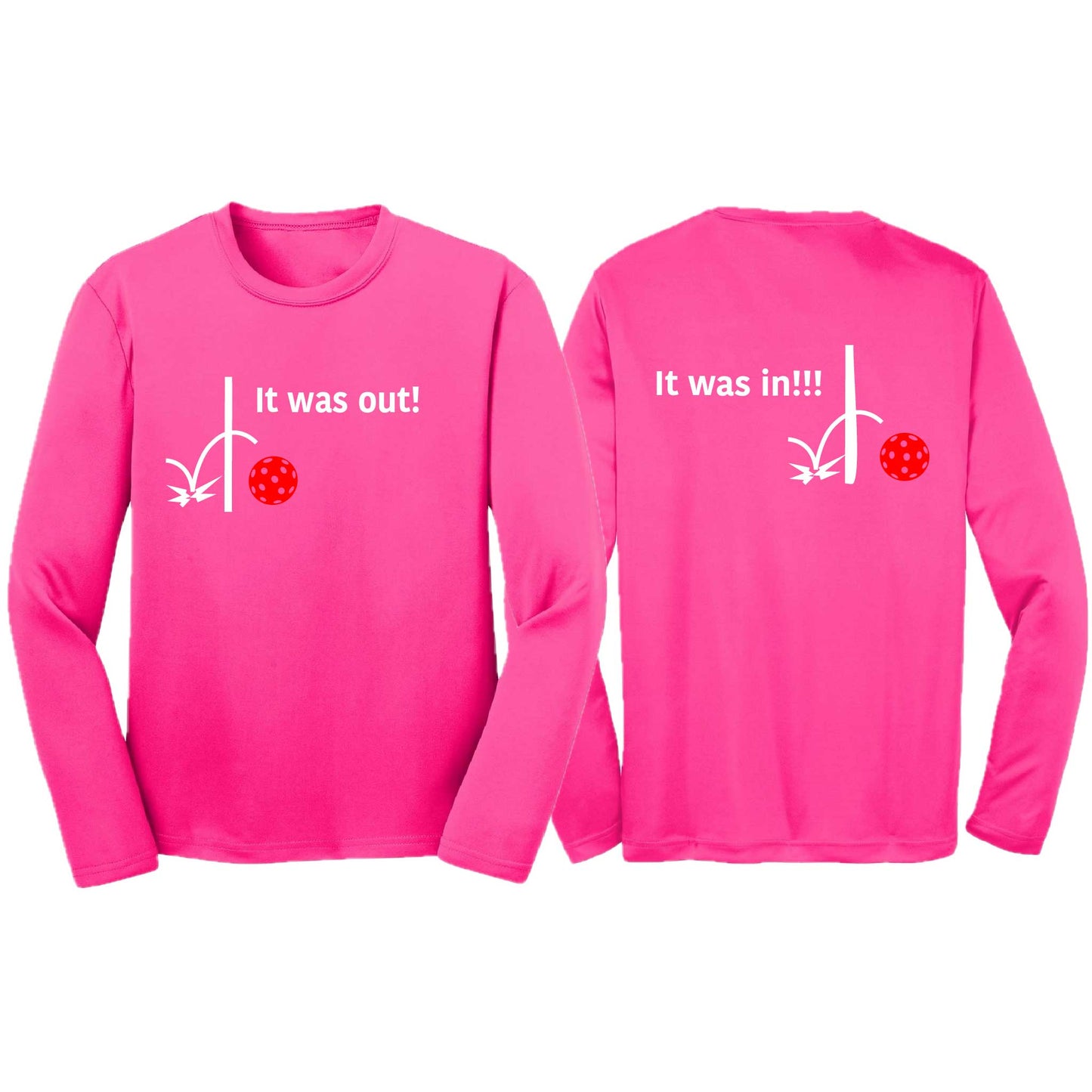 It Was Out! It Was In! (Pickleballs Red White Yellow) | Youth Long Sleeve Pickleball T-Shirts | 100% Polyester