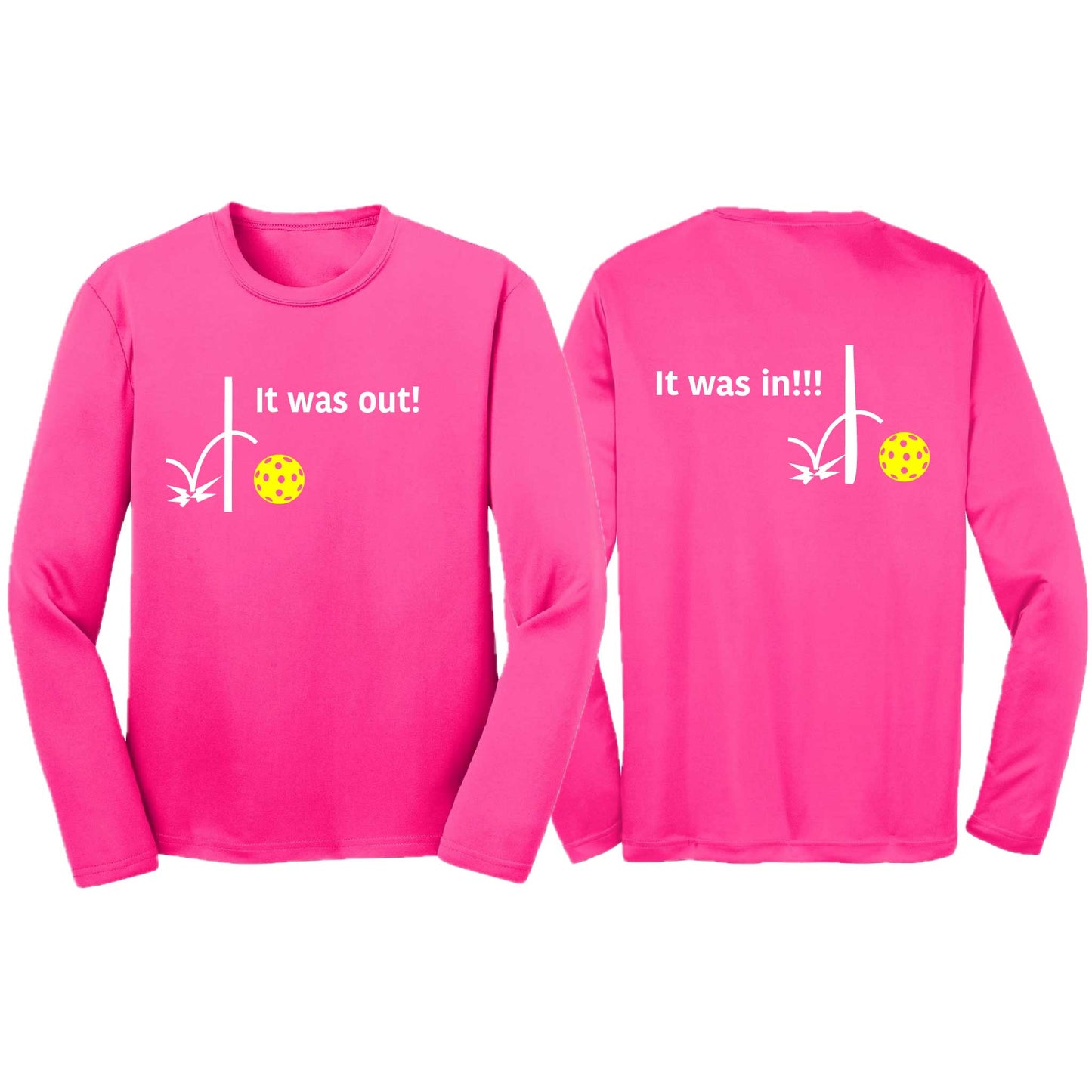 It Was Out! It Was In! (Pickleballs Red White Yellow) | Youth Long Sleeve Pickleball T-Shirts | 100% Polyester