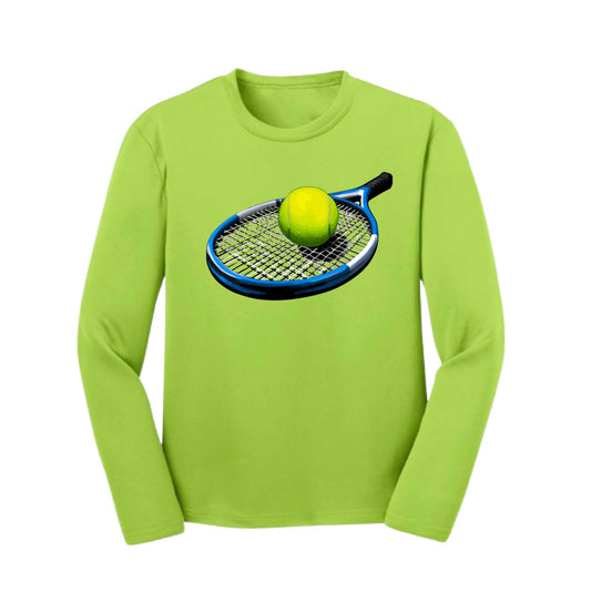 Tennis Racquet and Ball | Youth Long Sleeve Tennis Performance T-Shirts | 100% Polyester