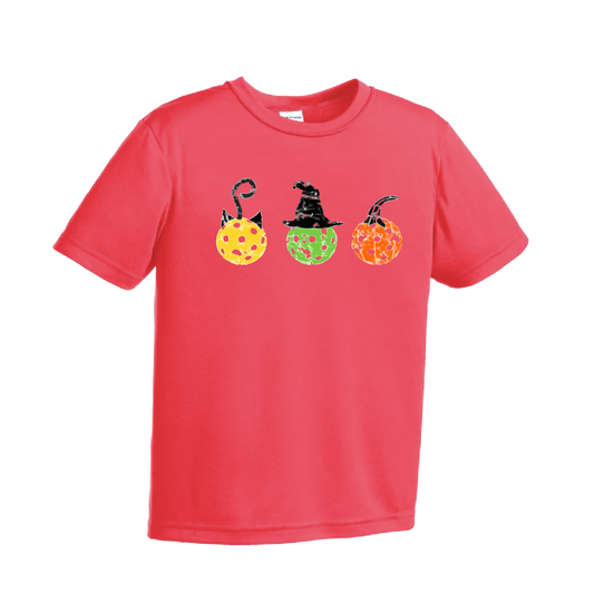 Cat Witch Pumpkin | Youth Short Sleeve Pickleball Shirts | 100% Polyester