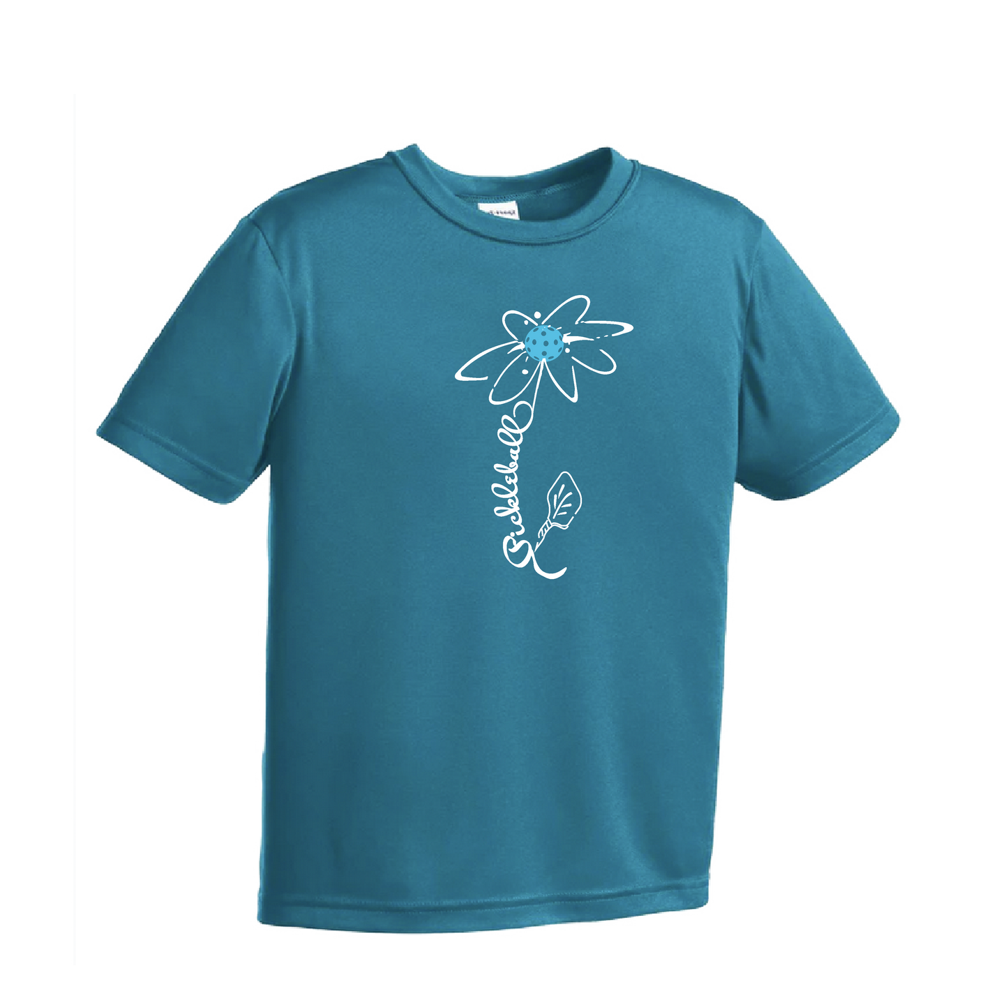 Pickleball Flower (Cyan Green Orange) | Youth Short Sleeve Pickleball Shirts | 100% Polyester