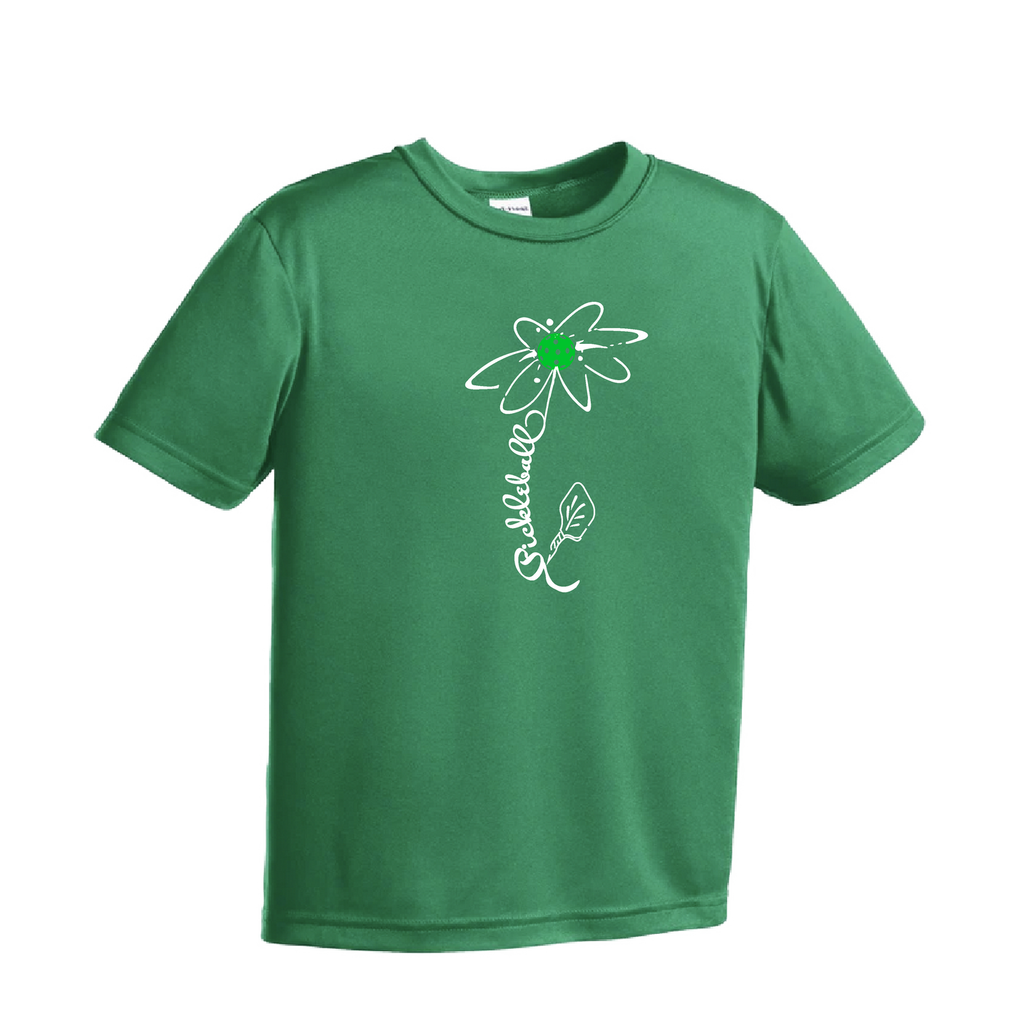 Pickleball Flower (Cyan Green Orange) | Youth Short Sleeve Pickleball Shirts | 100% Polyester