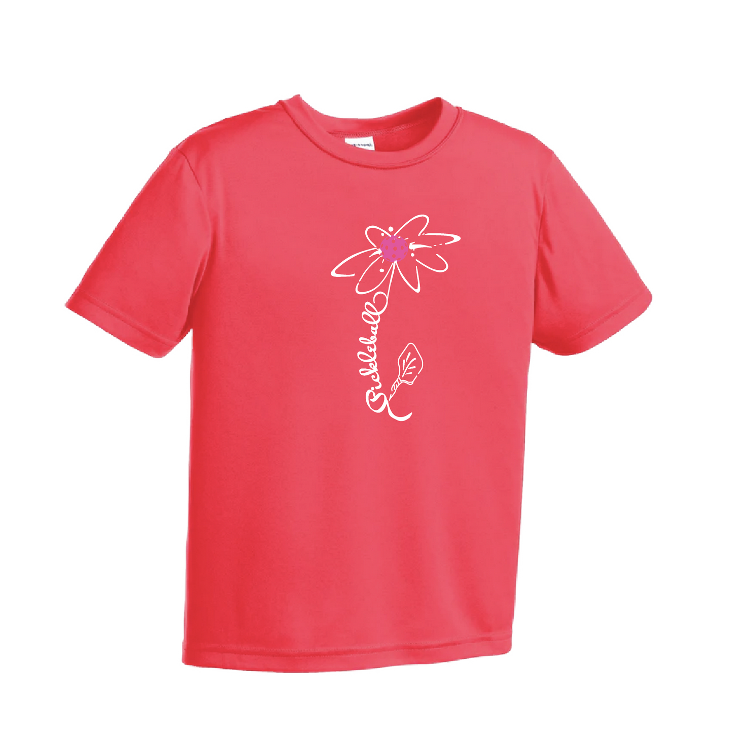 Pickleball Flower (Pink Purple Rainbow) | Youth Short Sleeve Pickleball Shirts | 100% Polyester