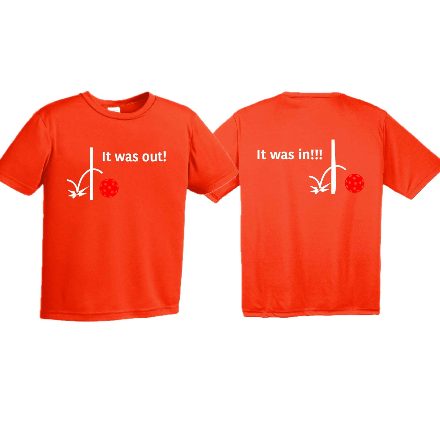 It Was Out! It Was In! (Pickleballs Red White Yellow) | Youth Short Sleeve Pickleball T-Shirts | 100% Polyester