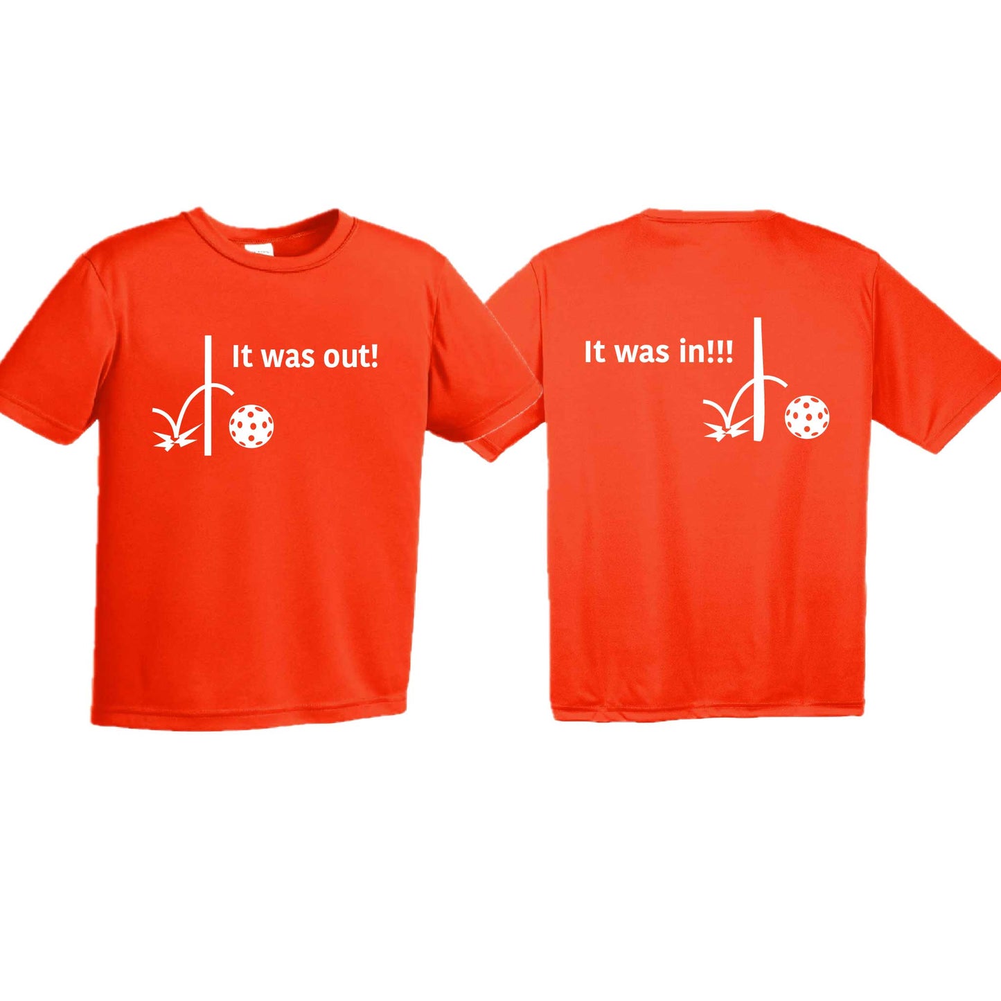 It Was Out! It Was In! (Pickleballs Red White Yellow) | Youth Short Sleeve Pickleball T-Shirts | 100% Polyester