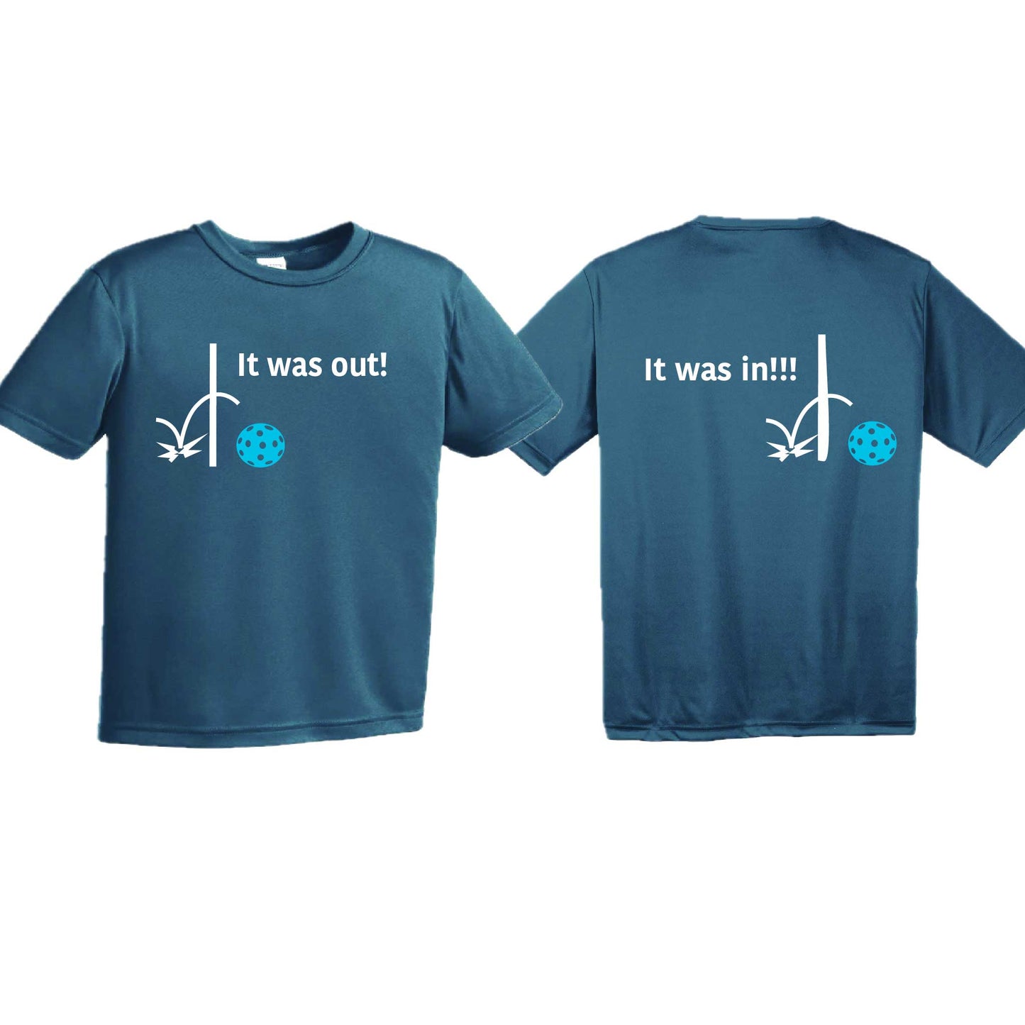 It Was Out! It Was In! (Pickleballs Cyan Green Orange) | Youth Short Sleeve Pickleball T-Shirts | 100% Polyester