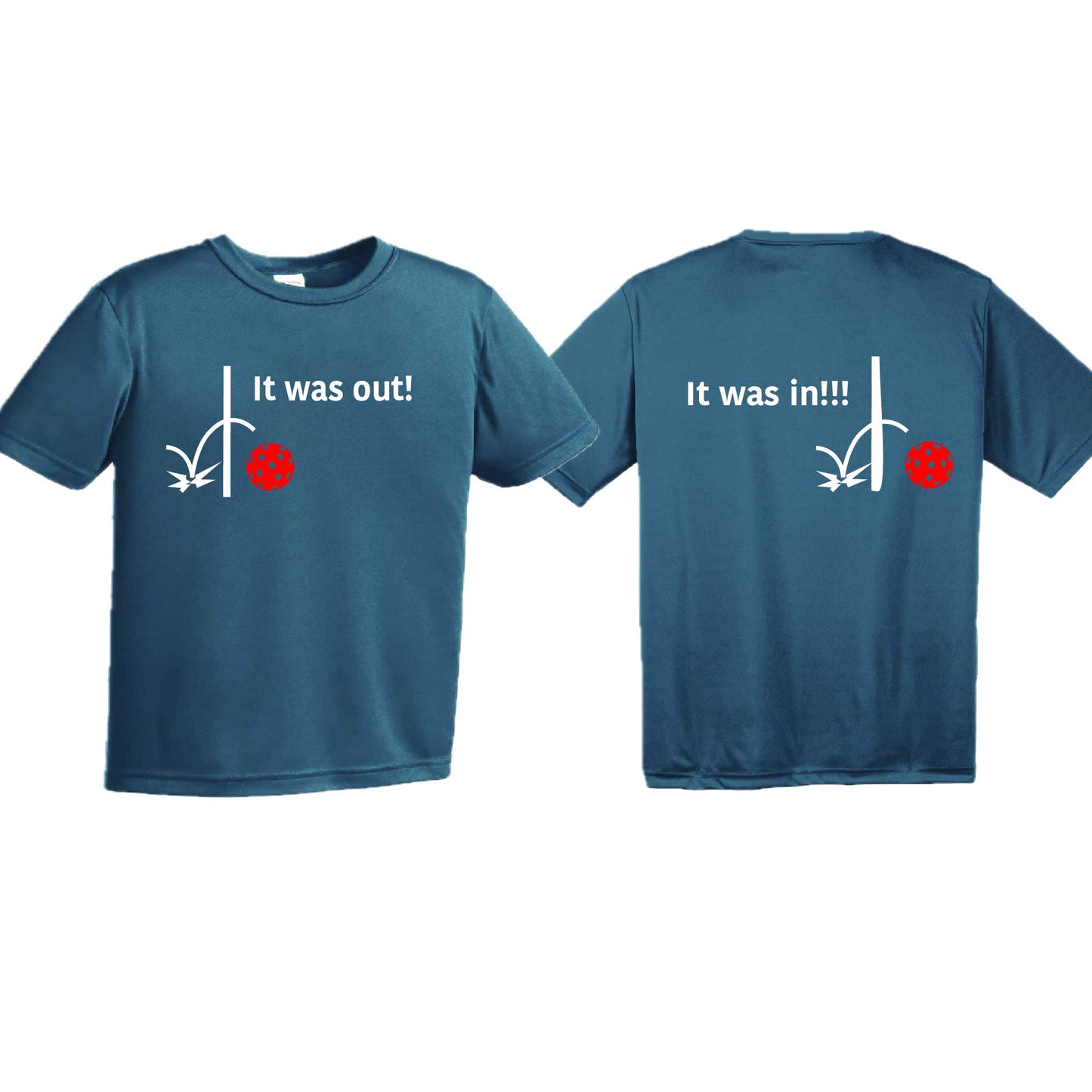 It Was Out! It Was In! (Pickleballs Red White Yellow) | Youth Short Sleeve Pickleball T-Shirts | 100% Polyester