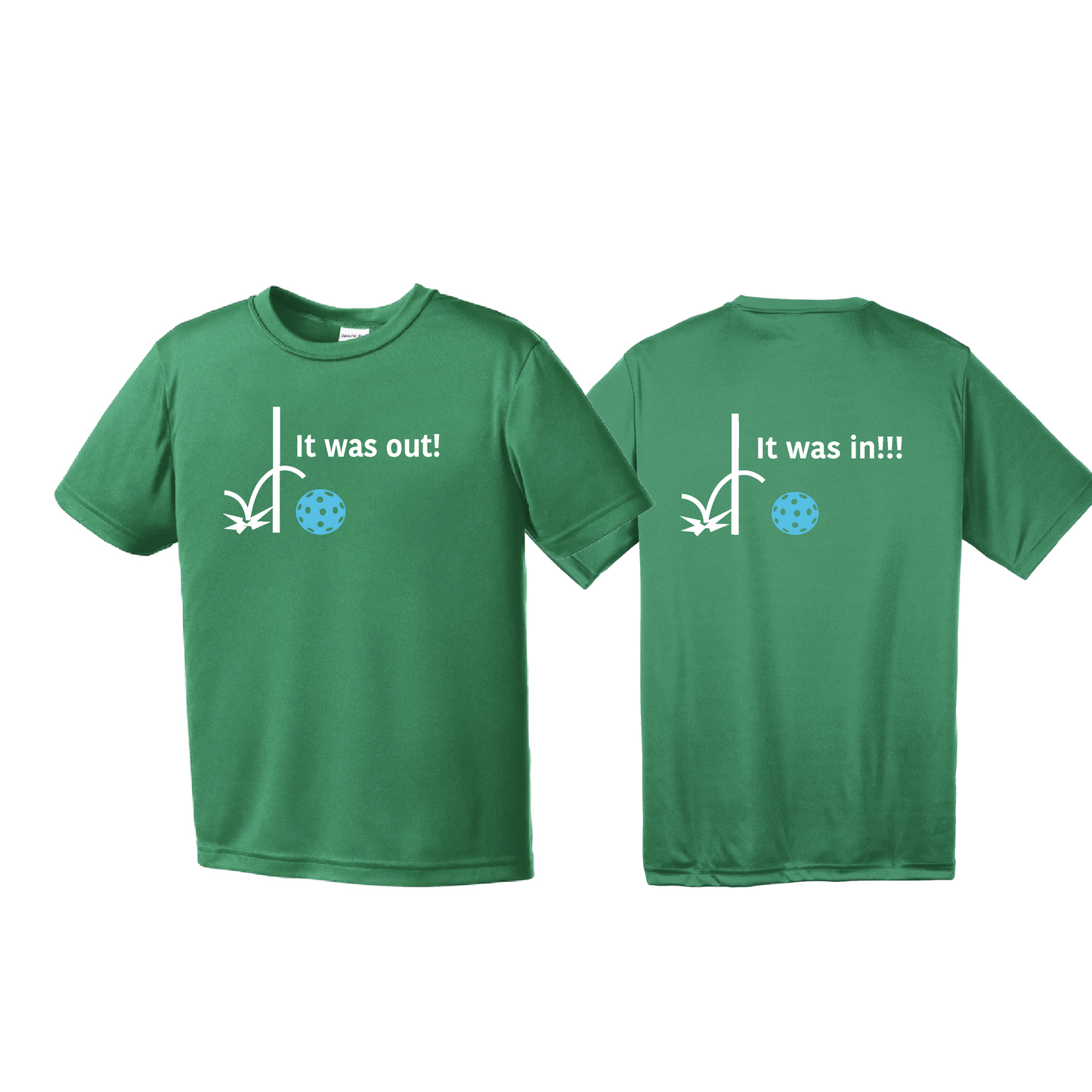 It Was Out! It Was In! (Pickleballs Cyan Green Orange) | Youth Short Sleeve Pickleball Shirts | 100% Polyester