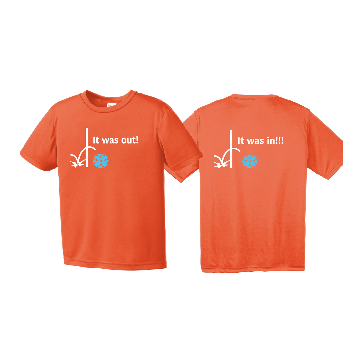 It Was Out! It Was In! (Pickleballs Cyan Green Orange) | Youth Short Sleeve Pickleball Shirts | 100% Polyester