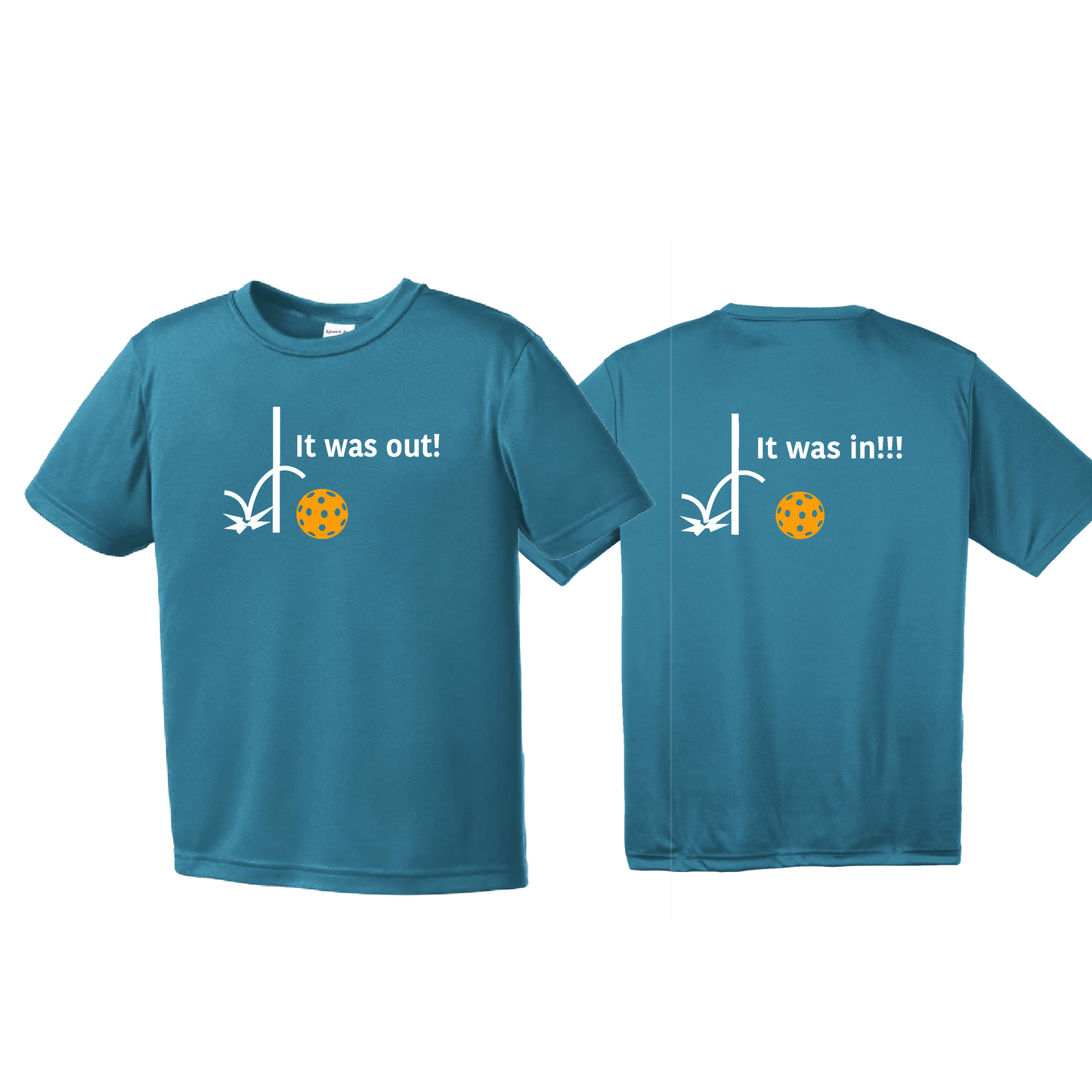 It Was Out! It Was In! (Pickleballs Cyan Green Orange) | Youth Short Sleeve Pickleball Shirts | 100% Polyester