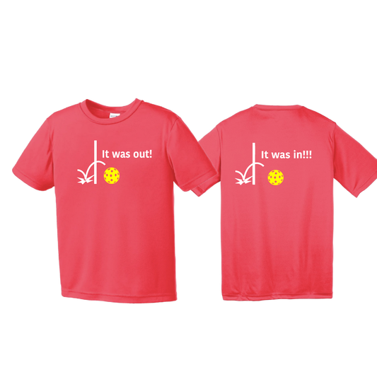 It Was Out! It Was In! (Pickleballs Red White Yellow) | Youth Short Sleeve Pickleball Shirts | 100% Polyester