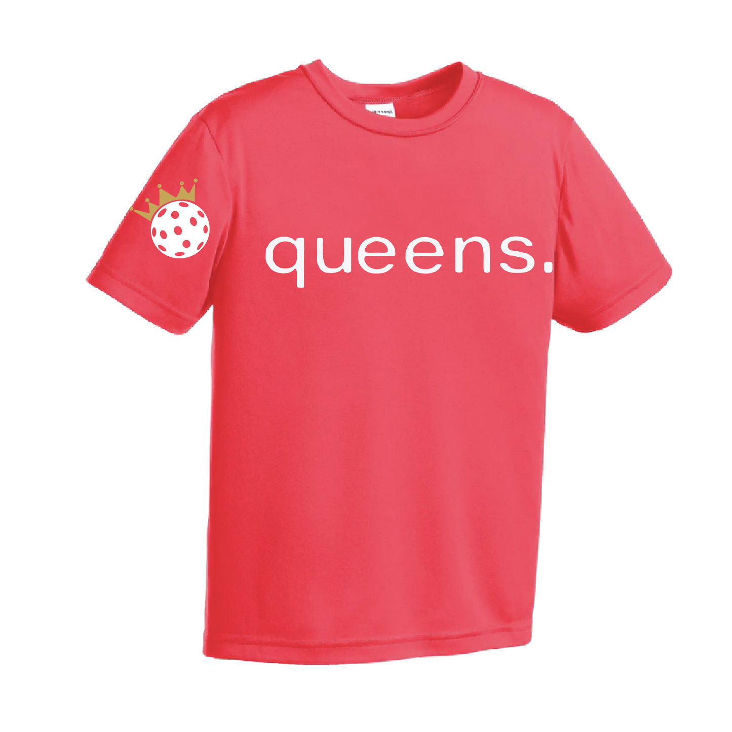 Youth-size Short Sleeve shirts feature Pickleball Queen and Crown Design motifs. Lightweight and breathable, these moisture-wicking shirts are designed for athletic performance and utilize PosiCharge technology to keep colors vibrant and logos from fading. Wearers will appreciate the comfort of the removable tags and set-in sleeves. A reliable, stylish choice for pickleball enthusiasts of all ages.