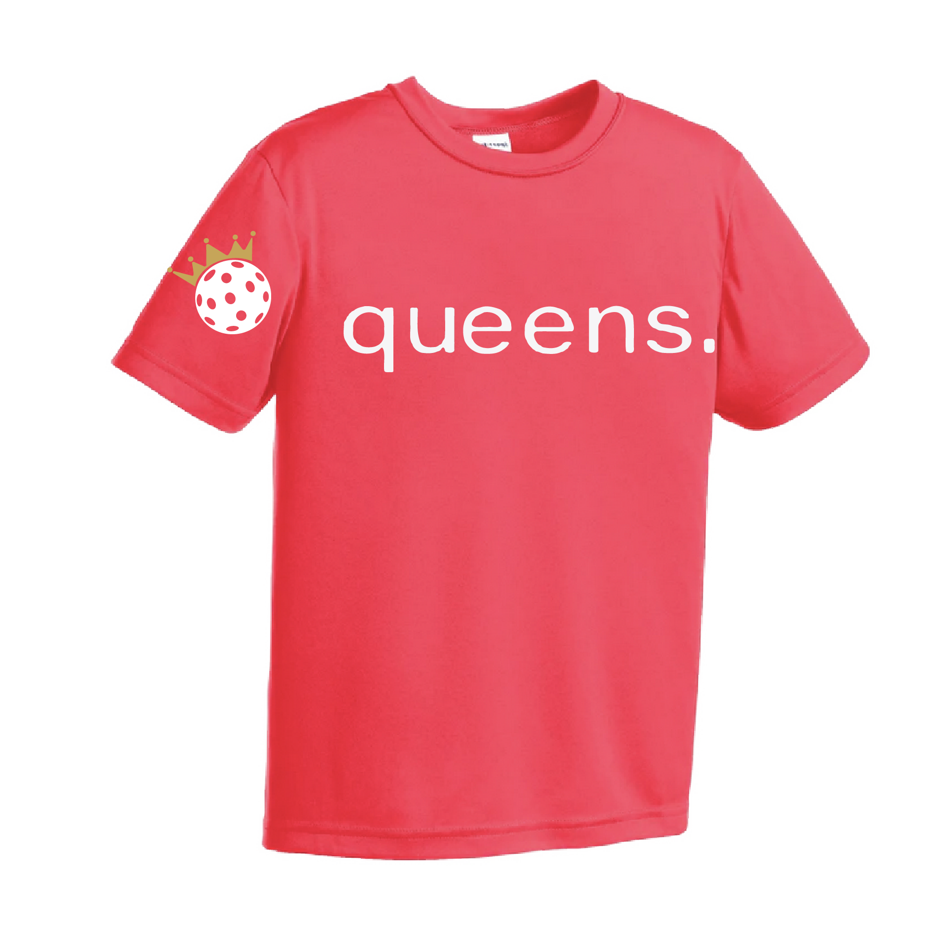 Youth-size Short Sleeve shirts feature Pickleball Queen and Crown Design motifs. Lightweight and breathable, these moisture-wicking shirts are designed for athletic performance and utilize PosiCharge technology to keep colors vibrant and logos from fading. Wearers will appreciate the comfort of the removable tags and set-in sleeves. A reliable, stylish choice for pickleball enthusiasts of all ages.