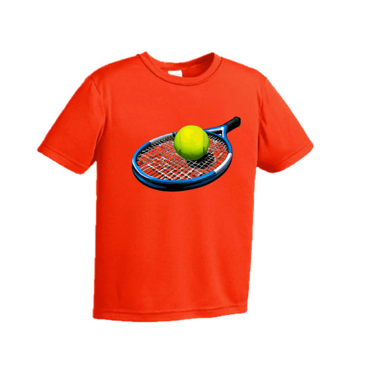 Tennis Racquet and Ball | Youth Short Sleeve Tennis Performance T-Shirts | 100% Polyester