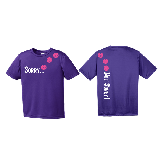 Sorry Not Sorry (Pickleballs Pink Purple Rainbow) | Youth Short Sleeve Pickleball Shirts | 100% Polyester