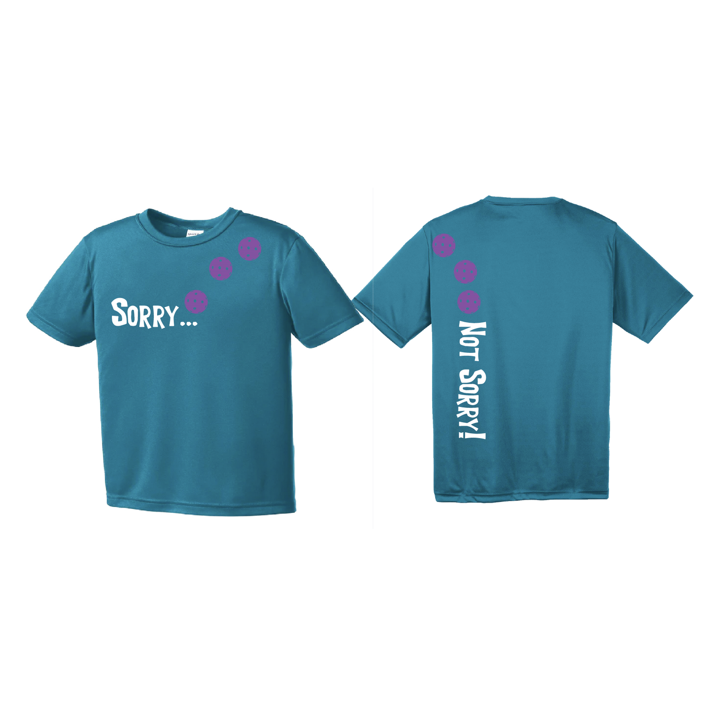 Sorry Not Sorry (Pickleballs Pink Purple Rainbow) | Youth Short Sleeve Pickleball Shirts | 100% Polyester